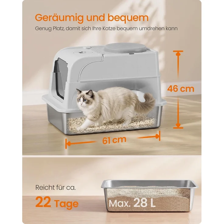FEANDREA Katzenklo aus Edelstahl, geschlossene Katzentoilette mit Deckel und 2 Eingängen, mit Schaufel und Bürste, hellgrau – Bild 4