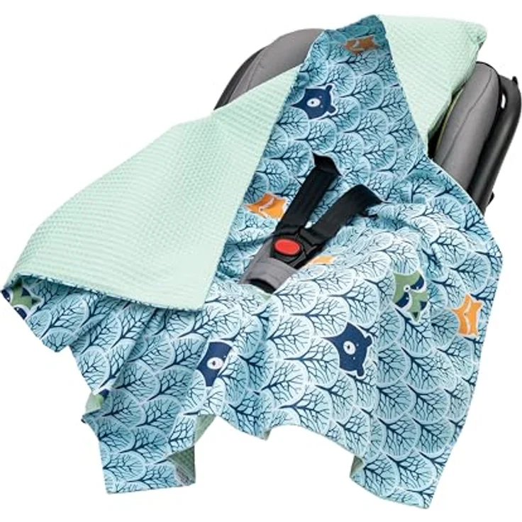 Medi Partners Einschlagdecke Baby Babyschale 100% Baumwolle für Sommer 85x85 cm Kinderwagen Kuscheldecke universal Baby Decke Einschlagdecken Babydecke Buggy Autositz (Wald mit Minzer Waffel) – Bild 2