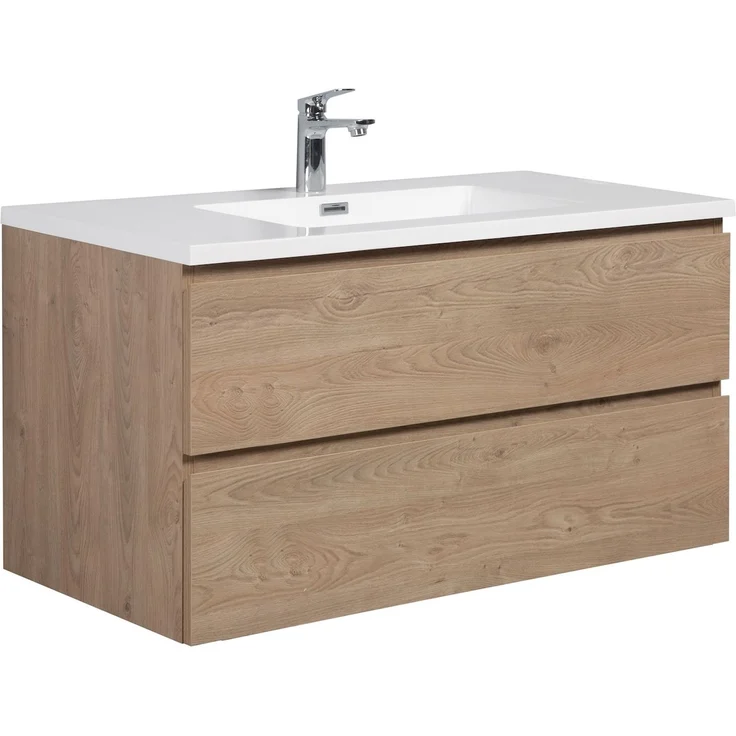 Badplaats Badmöbel Set mit Waschbecken und Unterschrank Angela 100 x 48 cm Kastanien Eiche - Waschbeckenunterschrank mit Soft-Close und Waschbecken, Vorgemontiert – Bild 1