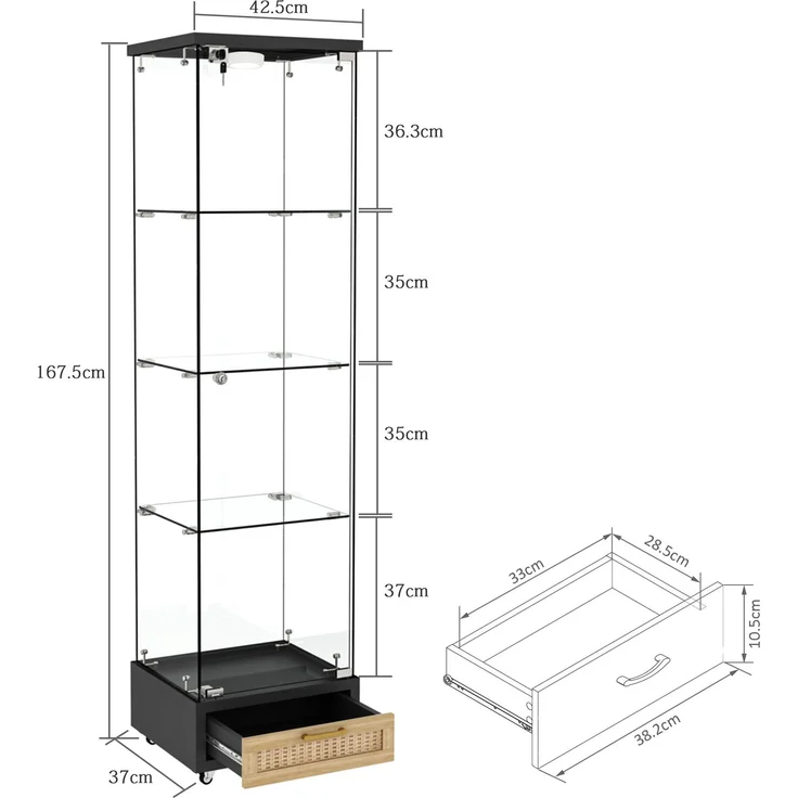 Vitrine 42,5x36,5x167 cm in Schwarz mit LED, Glastür und Schubladen – Bild 5