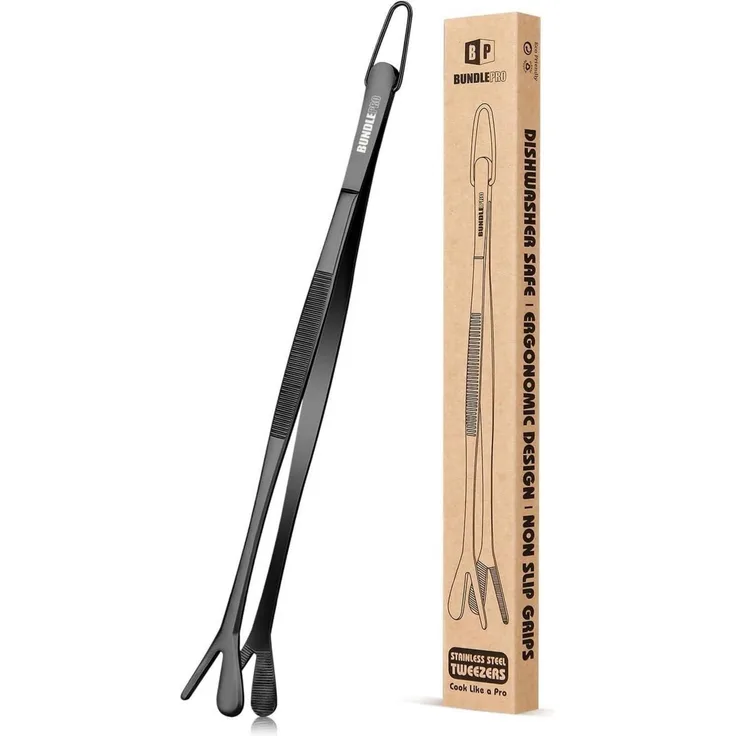 Doppelspitze Kochpinzette 2-in-1 Profi-Edelstahl Küchenpinzette 25.5 cm Schwarz