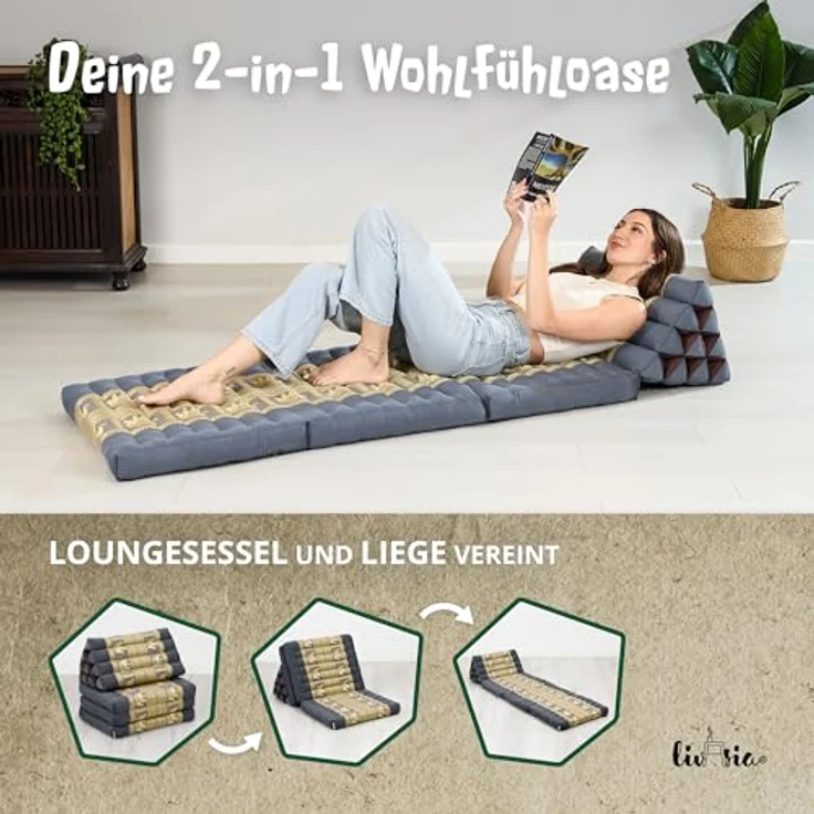 livasia Sitzsack Thaikissen 3 Auflagen (Deluxe) vegan und handgefertigt, 175x55x8cm, Kapok – Bild 7