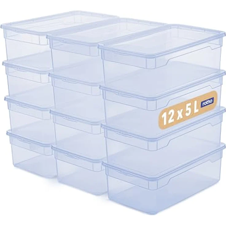 Rotho CLEAR Box 12er-Set Aufbewahrungsboxen 5l mit Deckel, platzsparend stapelbar 33 x 19 x 11 cm, transparent blau – Bild 1