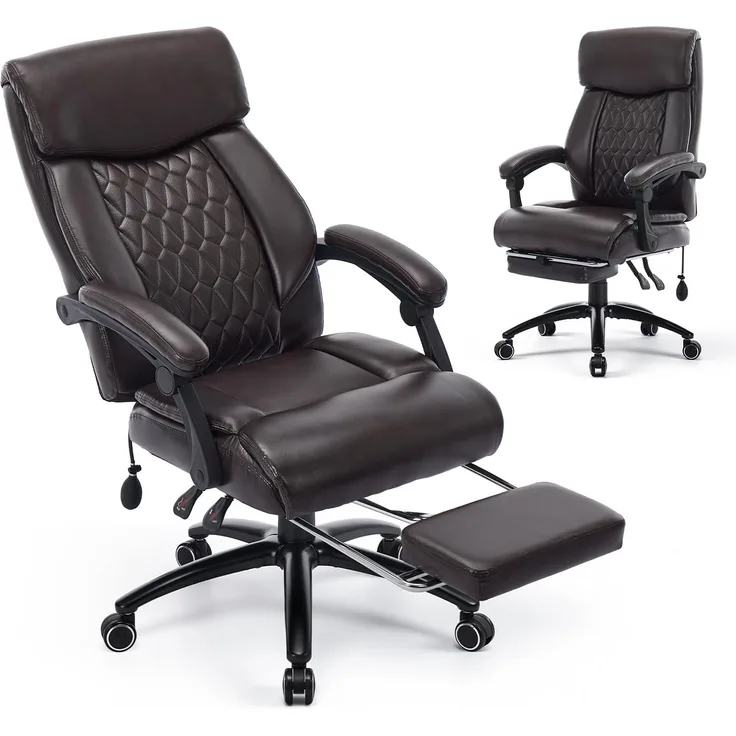 COLAMY Ergonomischer Chefsessel mit Fußstütze, gepolsterten Hochklapparmen und Kippverstellung für langes Arbeiten im Homeoffice, Braun