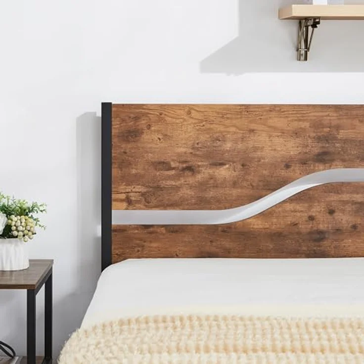 Bettgestell 90x200 cm, Einzelbett mit Metall Lattenrost und Dickem Holzkopfteil, Stabil Geräuschlos, Gästebett und Jugendbett für Schlafzimmer, Braun – Bild 5