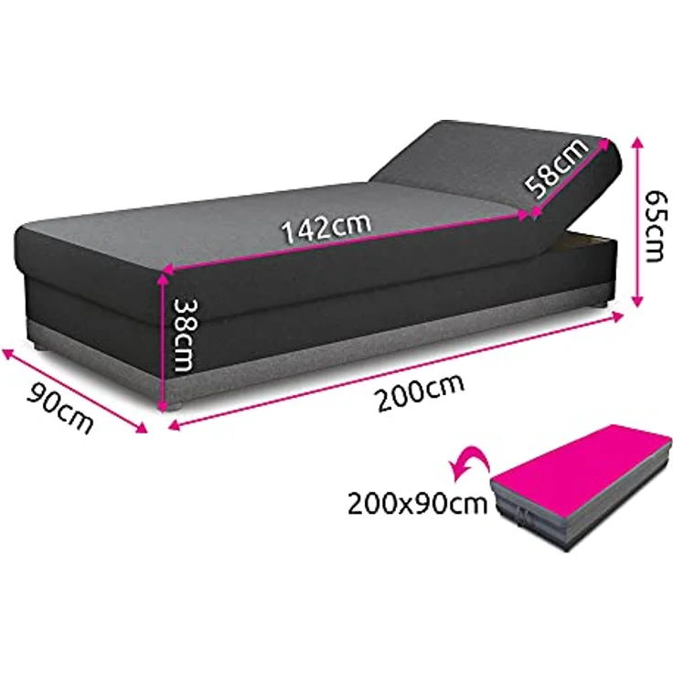 Bett Andre 90x200cm mit Bettkasten - Sofa, Schlafsofa, Regulierbarer Rückenlehne, Bettgestell, Schlafzimmer, Kinderzimmer (Braun (Sawana 16 + 27)) – Bild 4
