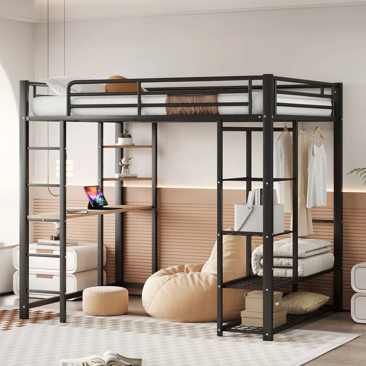 ZUBALIYA Metall-Hochbett mit Leiter 140x200 cm, Juniorbett Doppelbett mit Tisch mit einfachen Kleiderbügeln mit Ablagefächern, Schwarz – Bild 6