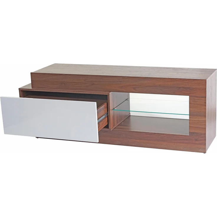 MCW TV-Rack B51, Walnuss mit Weiß Hochglanz, 150x55x47 cm, Push-to-open Funktion, 2 Ablagefächer, 1 Schublade