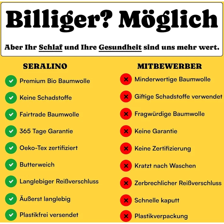 Seralino Kissenbezüge Mako Satin Kissenbezug (100% Bio Baumwolle) weich, hautfreundlich, (2 Stück), Fairtrade/ GOTS zertifizierte uni Kissenhülle mit Reißverschluss – Bild 6