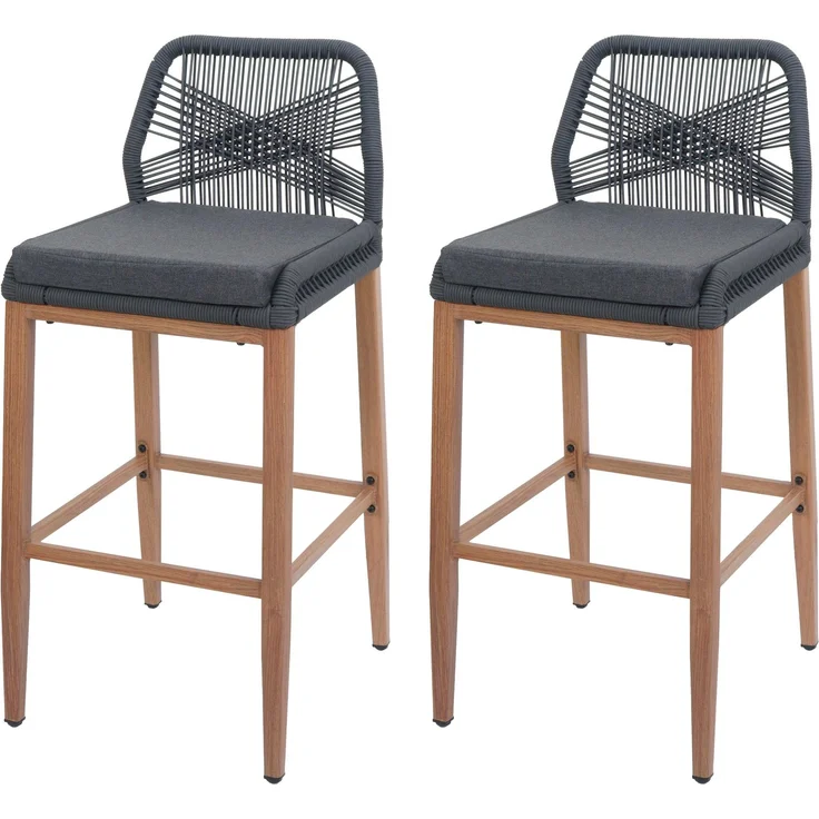 2er-Set Rope-Barhocker HWC-O21, Outdoor Sitzpolster Seilgeflecht Metall Holz-Optik ~ anthrazit, Kissen dunkelgrau – Bild 9