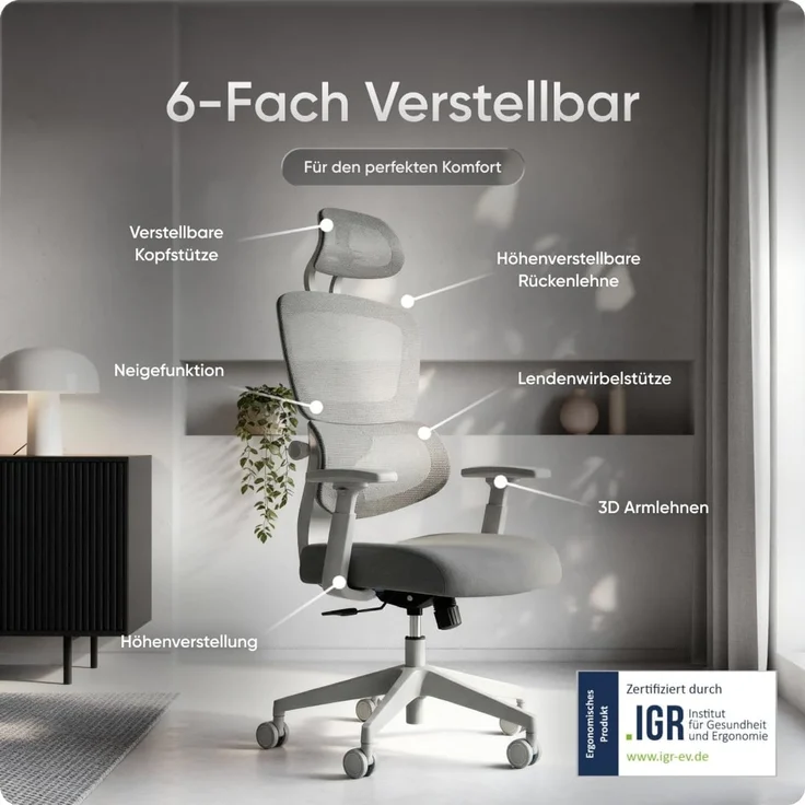 DESKSPACE Move - Premium Ergonomischer Bürostuhl - Höhenverstellbare Rückenlehne - Grau – Bild 3