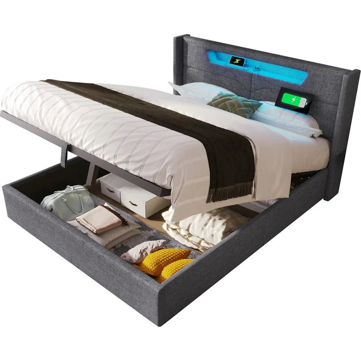 Polsterbett LED Doppelbett mit USB Typ C Ladefunktion und LED-Beleuchtung,Stauraumbetten Bettgestell aus Leinenmaterial Jugendbett 140x200 mit lattenrost(Ohne Matratze) – Bild 3