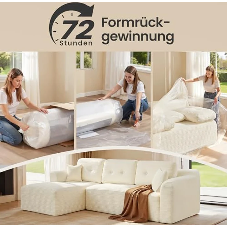 VASAGLE Ecksofa, modulares Sofa 244 cm breit, vakuumverpackt, Schlafsofa, Keine Montage erforderlich, mit großer Chaiselongue Links, für Wohnzimmer, Gästezimmer, cremeweiß LCS183WD01 – Bild 6