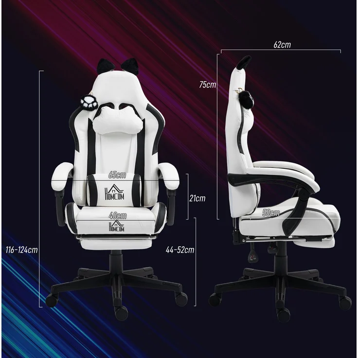 MELAYR, Ergonomischer Gaming-Stuhl mit Katzenohren, Gaming-Stuhl mit verstellbarer Rückenlehne, 65 x 62 x 124 cm, Weiß – Bild 5