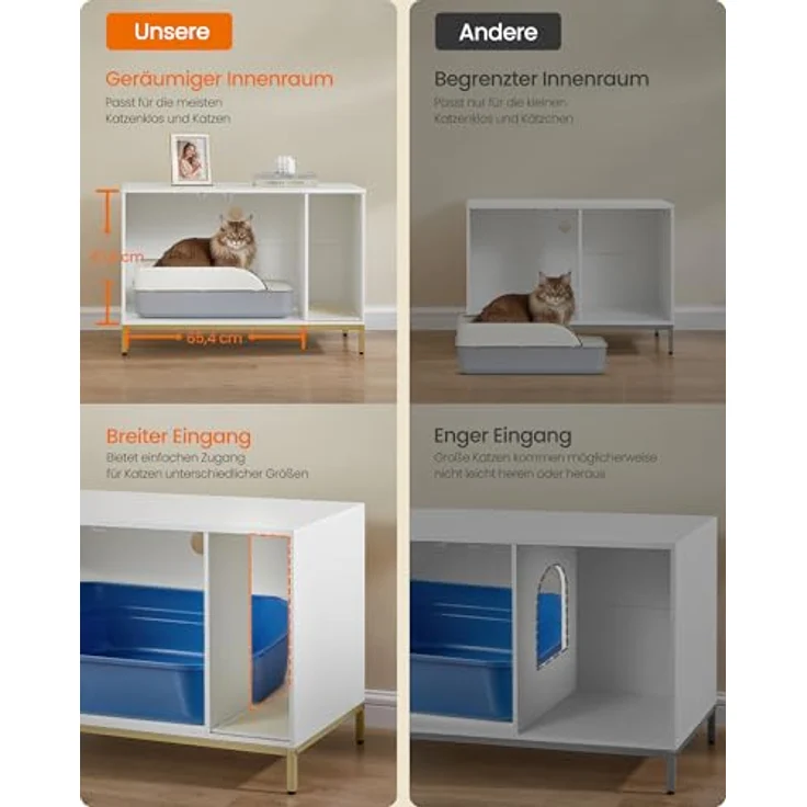 Feandrea Katzenklo-Schrank, Katzenhaus, Katzentoilette, mit Kratzmatte, hohe Beine, für Katzen, Beistelltisch, 90 x 48 x 61,5 cm, weiß-goldfarben PCL027W01 – Bild 6