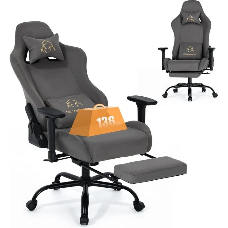 MALOL Gaming Stuhl, Bürostuhl Ergonomisch, Komfortabler Gamingstuhl für Büro & Gaming, Ergonomische Lumbalstütze, 90°-135° Neigbar, 9,5cm Höhenverstellbar, Fußstütze, 4D Armlehnen, Gris Clair