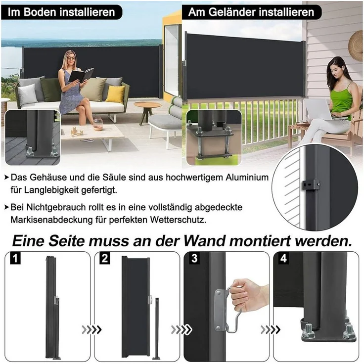 FIVMEN Markise Seitenmarkise, Ausziehbar Sichtschutz Markise, Anthrazit,100/120/140cm Seitliche Vordächer für Terrasse Balkon Garten – Bild 2