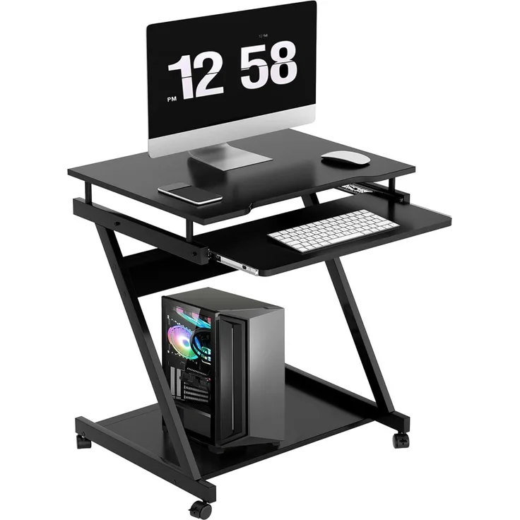 SogesHome Schreibtisch Klein Computertisch mit 4 Rollen 2 Davon mit Bremsen PC-Tisch in Z-Form mit Tastaturauszug für Zuhause und Büro, 60x48 cm