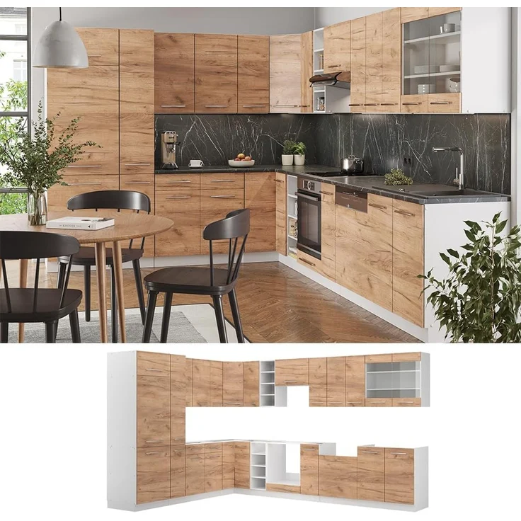 Eckküche Fame-Line Goldkraft Eiche/Weiß 347 x 257 cm ohne Arbeitsplatte Vicco – Bild 5