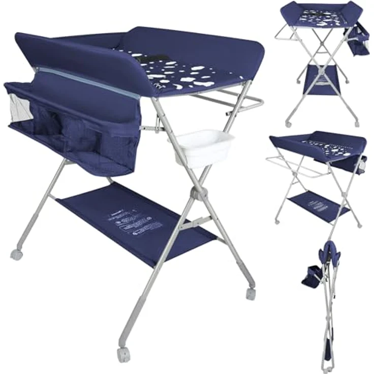 Baby Klappbarer Wickeltisch，Mobiler Wickeltisch mit Rollen und Wickelauflage,Wasserdicht und Höhenverstellbar，Baby Wickelkombi mit Ablagefächern-80 * 58 * 90 cm-Marineblau – Bild 4