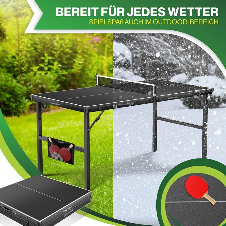 KESSER® Tischtennisplatte Mini mit Tischtennisschläger-Set, Tischtennisbällen und TT-Netz | Indoor | Unterwegs, laminierte Platte + klappbar – Kofferdesign, Kinder und Erwachsene – 153 x 76,5 cm Schwarz / Schwarz – Bild 7