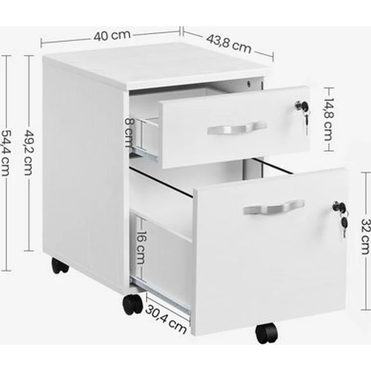 Vasagle Rollcontainer, abschließbar, Aktenschrank mit 2 Schubladen, 5 Rollen und verstellbarer Hängeregistratur, strukturierte Oberfläche, MDF, PVC, Weiß, 43,8 x 40 x 54,7 cm – Bild 5