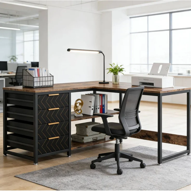 Eckschreibtisch aus Holzwerkstoff mit 4 Schubladen und Regal, 150x110x75 cm, Schwarz/Rustikales Braun – Bild 4