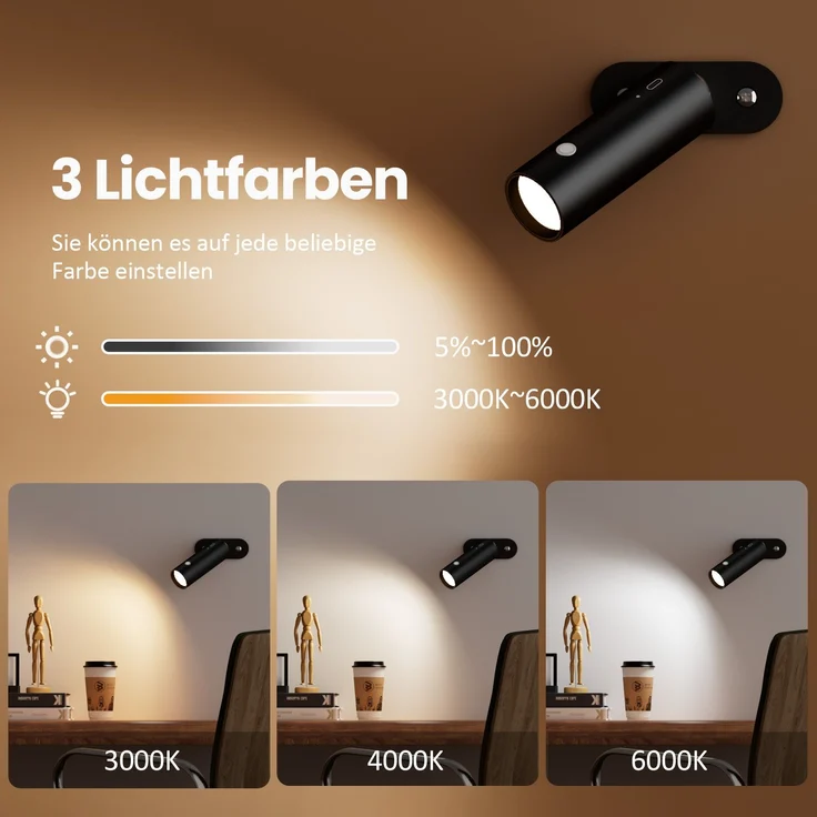 EMKE LED Tischlampe kabellos, 6-in-1 Wiederaufladbare Tischlampen, dimmbar, mit Touch LED, schwarz, Tischlampe Outdoor, 3 Farbmodi, 360° einstellbare magnetische Wandleuchte, USB-C, Schwarz – Bild 2
