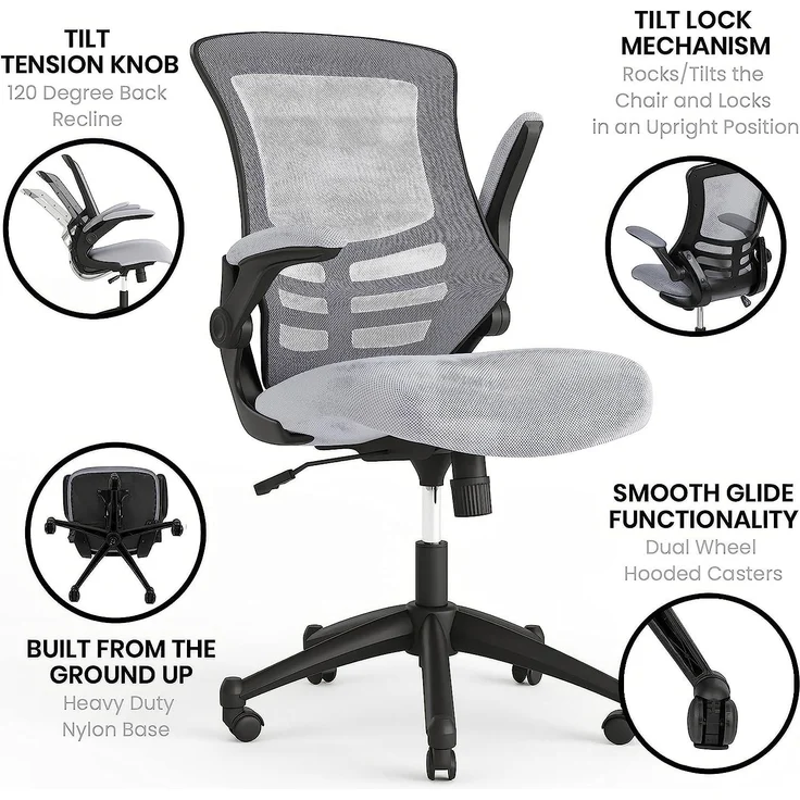Flash Furniture Bürostuhl mit mittelhoher Rückenlehne – Ergonomischer Schreibtischstuhl mit hochklappbaren Armlehnen und Netzstoff – Perfekt für Home Office oder Büro – Dunkelgrau – Bild 5