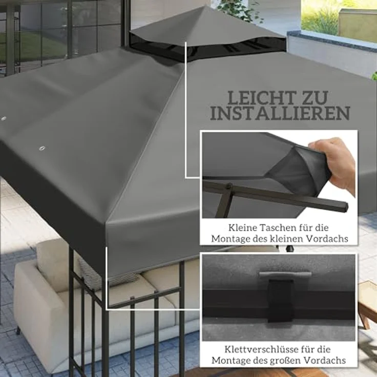 Outsunny Ersatzdach für Pavillon 3 x 3 m, wasserdichtes Doppeldach aus 600D Oxford-Stoff, 370 g/m², dunkelgrau, exkl. Rahmen – Bild 5