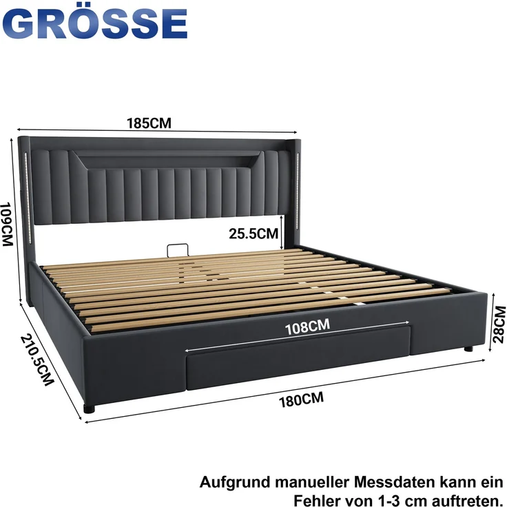Polsterbett 180x200 cm mit LED-Beleuchtung, Stauraum und Schublade – Ohne Matratze – Bild 2