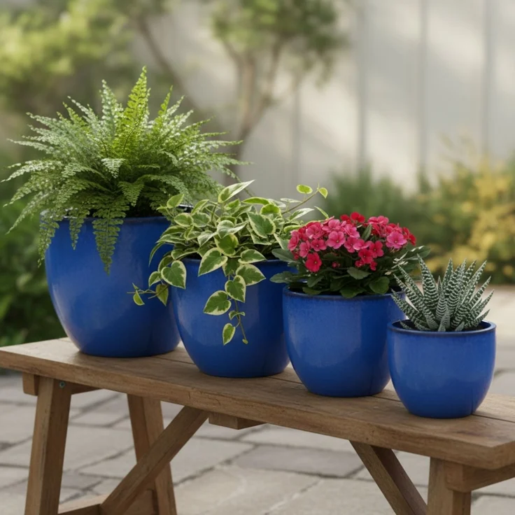 Keramik Blumentopf Eggpot Royal Blau Ø 48cm - Frostfest Pflanzkübel Glasiert Rund – Bild 10