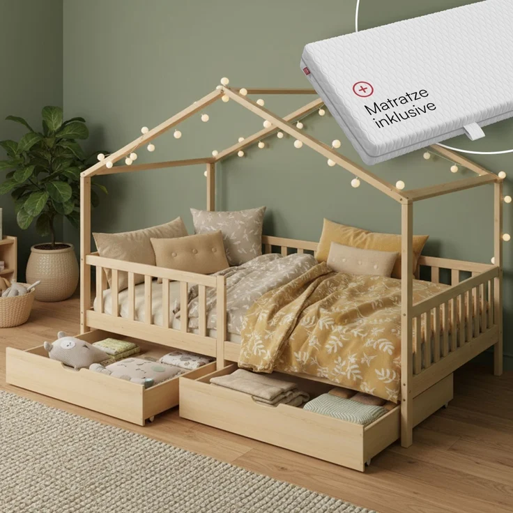 Bellabino 'Bia' Hausbett 120x200 cm mit Matratze und 2 Schubladen, natur, Kiefer Massivholz, Montessori Kinderbett mit Stauraum, inkl. Rausfallschutz und Lattenrost – Bild 1