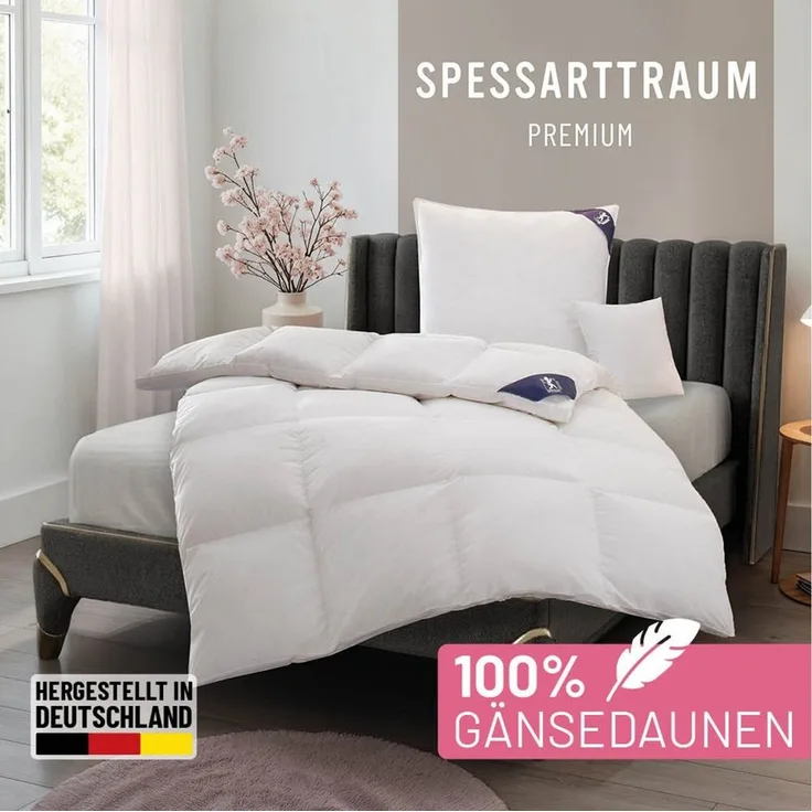 SPESSARTTRAUM Gänsedaunenbettdecke Premium****, hergestellt in Deutschland, Bettdecken für Sommer, Winter, Füllung: 100% Gänsedaunen, Klasse 1, Downpass zertifiziert, Bezug: 100% Baumwolle, Made in Green, Hausstauballergiker geeignet, 4 Wärmeklassen & ...