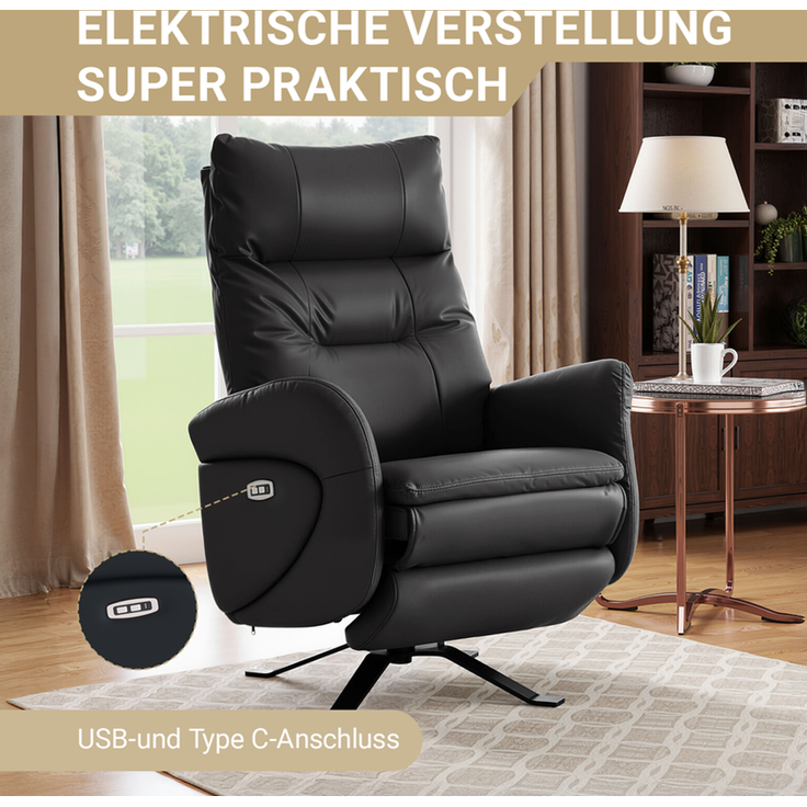 HOME NATURE WOHNKONZEPT Elektrischer Relaxsessel mit USB-Anschluss, elektrisch verstellbarer TV-Sessel mit Liegefunktion, Kunstleder Schwarz, bis 350 kg, FT9207-A – Bild 5