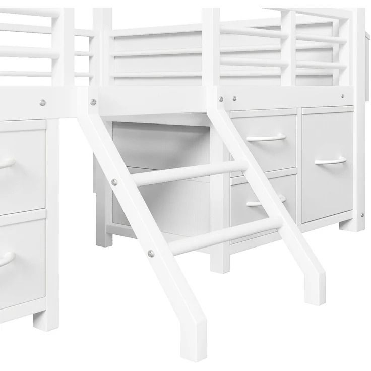 EINHOM Hochbett 90 x 200 cm mit Hausdach, LED-Beleuchtung Kinderbett aus Metall mit mehreren Stoffschubladen, Weiß (Ohne Matratze) – Bild 7