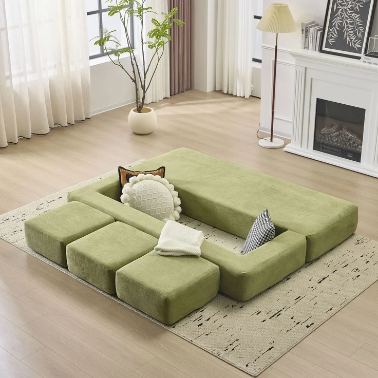 Wohnora-Ebern Designs Wandelbares Sofagarnitur mit 3 Fußstützen – Bett aus hochelastischem Schaumstoff, platzsparendes Chenille-Bodensofa für Studio-Apartments und Heimbüros Grün,H 50cm x T 201cm x B 755cm,Grün – Bild 3
