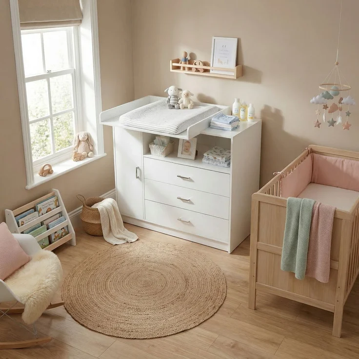 Wickelkommode Wickeltisch Baby Kommode aus Holz mit Wickelaufsatz, 3 Schubladen, 1 Tür, 100 cm Höhe in Weiß, Wickeltisch 113 x 100 cm – Bild 3
