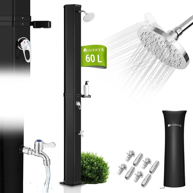 Juskys Solardusche Victoria 60 Liter - 217 cm - bis 60°C – mit schwenkbarem Duschkopf, Fußdusche & Gartenschlauch Anschluss Gartendusche Außendusche – Bild 1