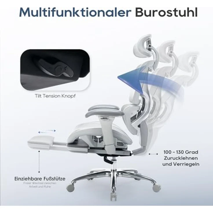 COLAMY Ergonomischer Bürostuhl mit Fußstütze, 3D-Armlehnen, Kopfstütze, Lendenwirbelstütze & Atmungsaktives Mesh – Schreibtischstuhl für Büro & Home Office, Grau – Bild 9