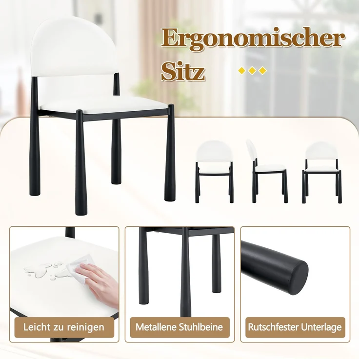 Rayofly-2er-Set Esszimmerstühle H80cm, PU-Leder, halbrunde Rückenlehne, Metallbeine, robust elegant, nur Stühle ohne Tisch,H 80.00cm x T 45.00cm x B 48.00cm,Weiß – Bild 7