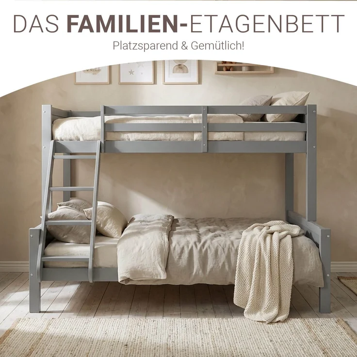 Etagenbett 90x200 und 140x200 Kinde Grau Holz Doppelstockbett Jugendbett Hochbett Stockbett – Bild 7