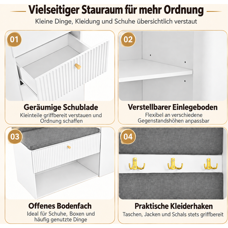 Flieks Garderobe 110 x 38 x 179.5 cm mit gepolsterter Sitzbank, Schuhablage, Garderobenpaneel, Haken und Stauraum, Weiß – Bild 7