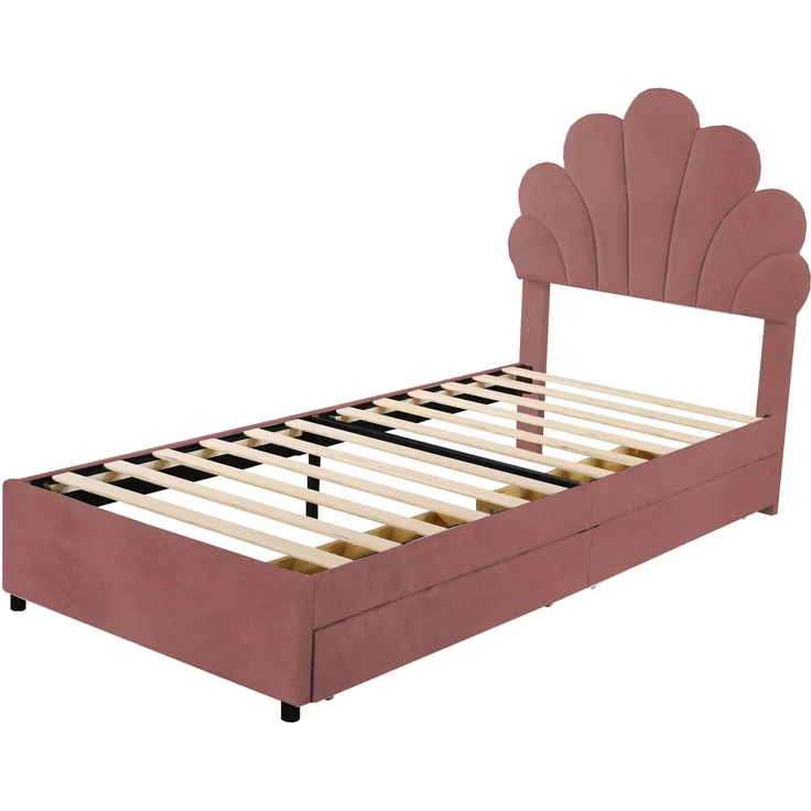 Polsterbett Kinderbett 90x200 cm, Bettrahmen mit geblümtem Kopfteil und Lattenrost, mit 2 Ablagefächern, Mädchenbett-Gästebett aus hautfreundlichem Samtstoff, Rosa – Bild 8