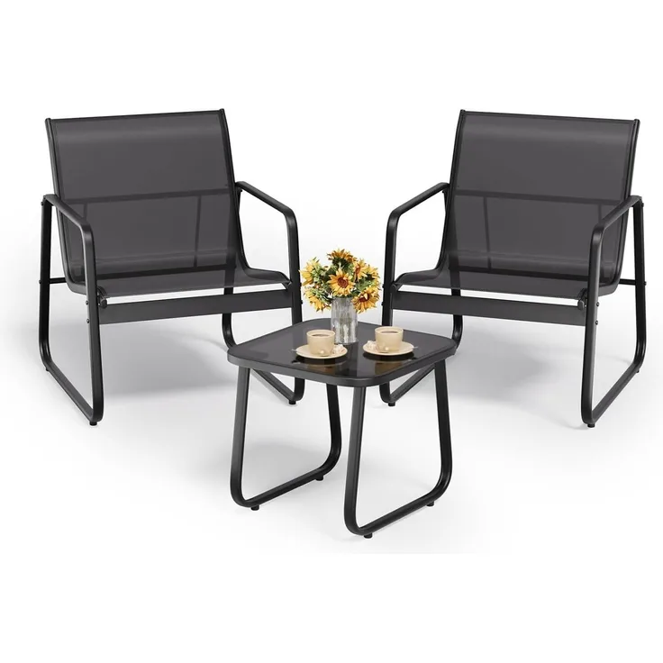 3-teiliges Balkon-Set Textilene Stoff, Sessel Tisch Glas Garten Terrasse
