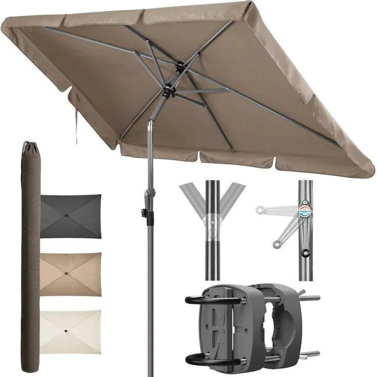 4smile SunnyShade 210x140 cm, Balkonschirm mit UV 50+, Taupe Sonnenschirm Balkon mit Halterung im 3-er-Set, Sonnenschirmhalter für Balkongeländer, Sonnenschutz Balkon, Sonnenschirm rechteckig