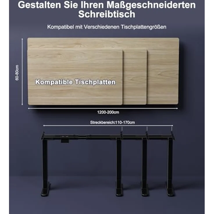 JUMMICO Höhenverstellbarer Schreibtisch Gestell mit 2 Starken Motoren, Type-C Aufladen und Kabelmanagement & Räder, 130kg Tragkraft, 4 Höhenspeicher, Elektrisch Tischgestell Höhenverstellbar, Schwarz – Bild 3