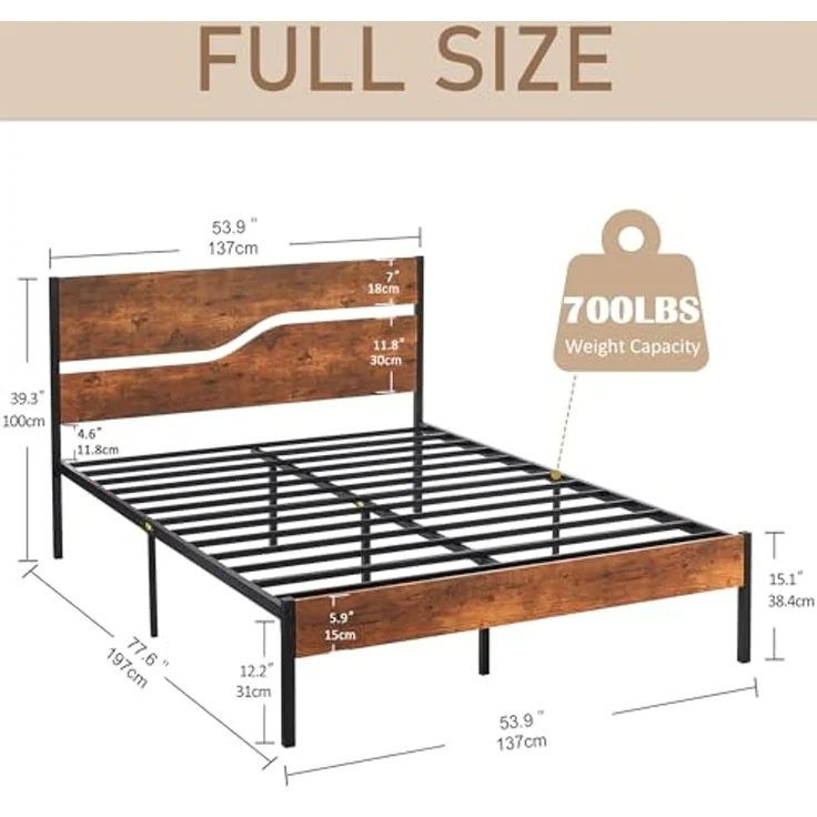 VECELO Bettgestell 140 x 200 cm, Metallbett mit Doppelschicht Holzkopfteil und Lattenrost, Modern Gästebett Jugendbett mit Stauraum Unter Dem Bett, Perfekt für Schlafzimmer, Braun – Bild 6