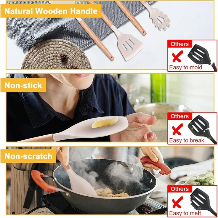 12-teiliges Silikon Küchenhelfer Set Holzgriff Antihaft Utensilienhalter Khaki – Bild 4