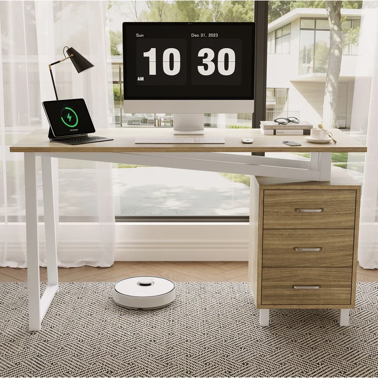 Schreibtisch mit MDF-Platte, 3 Schubladen, 130x55x75 cm, Naturholzfarben/Weiß – Bild 1